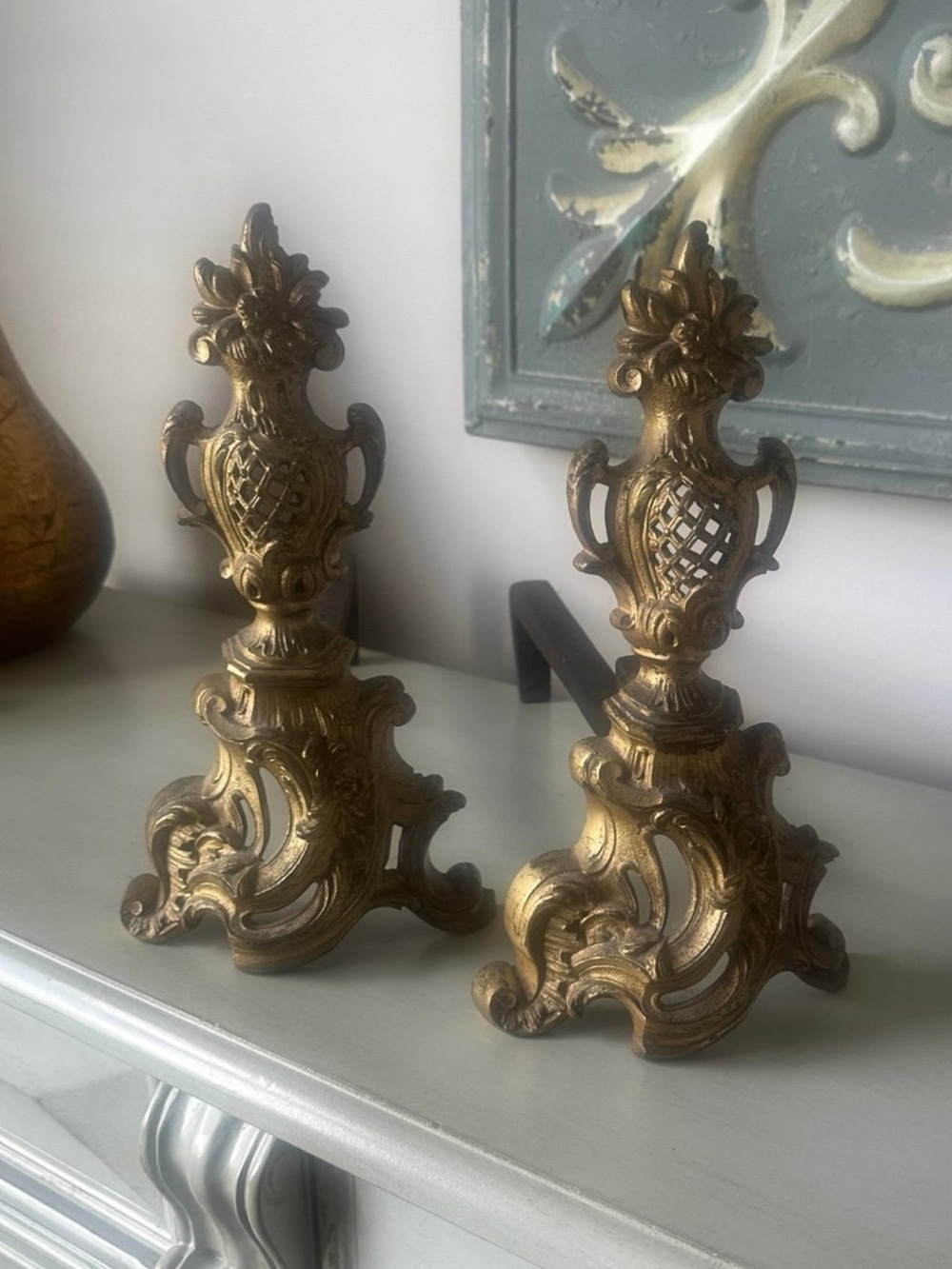 Ornate Antique French Rococo Gold Decorative Andirons - Pair
